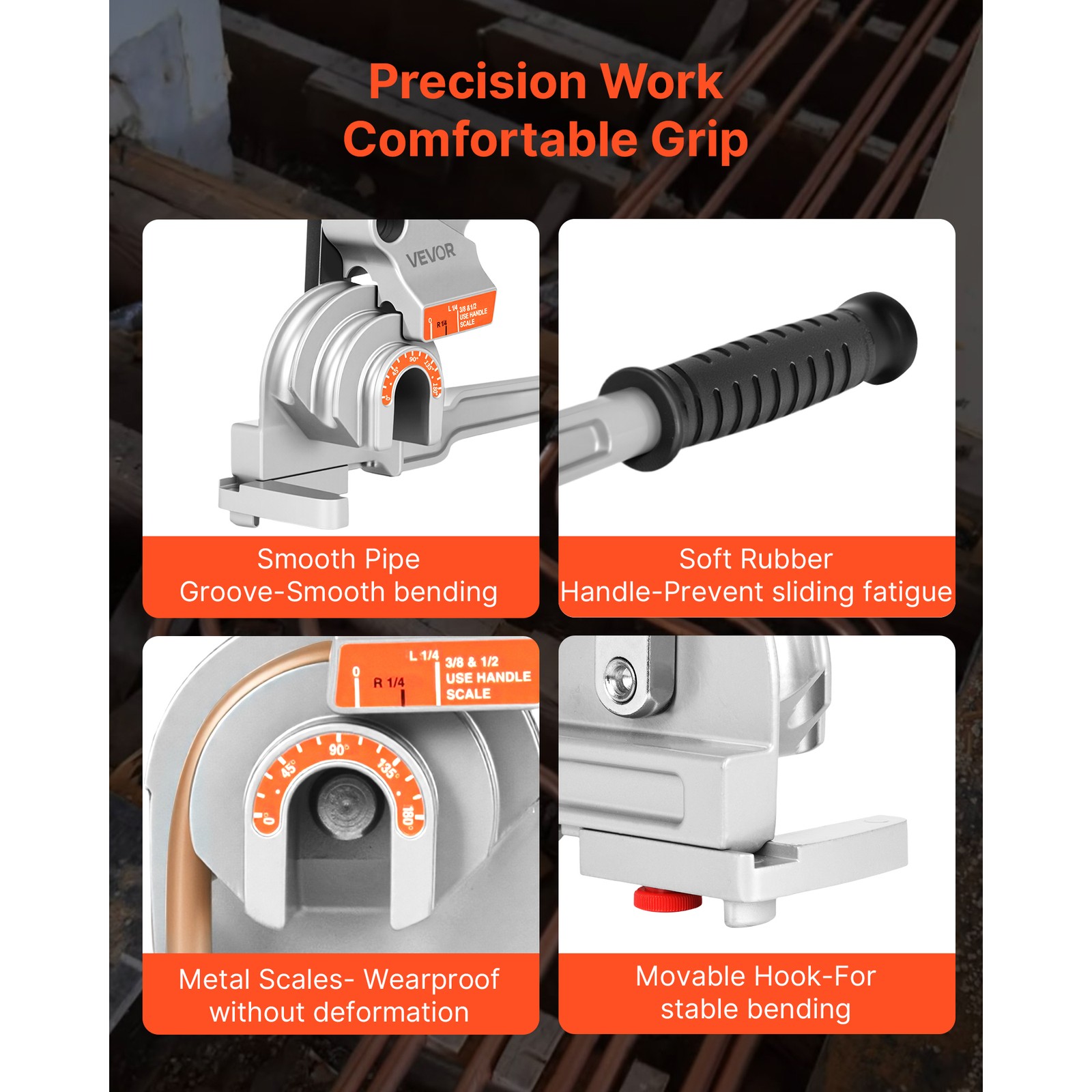 VEVOR 3 in 1 Pipe Tube Bender for 1/4″, 3/8″, 1/2″ (12.7mm) O.D. 0-180° Bending
