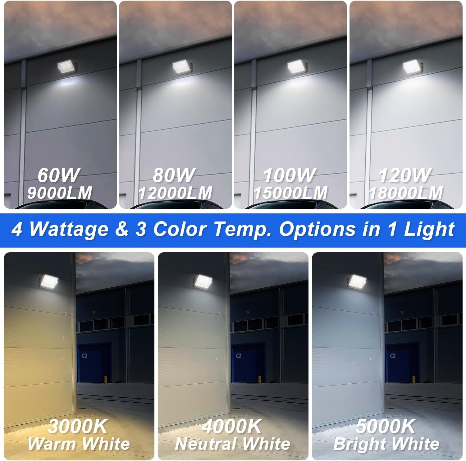 LED Wall Pack Light w/ Photocell 60W-120W Selectable 3CCT IP65 ETL DLC