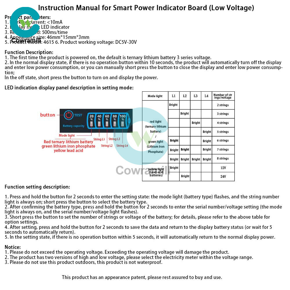 DC5V-30V Intelligent LED Battery Capacity Indicator Board 3-mode Battery Monitor
