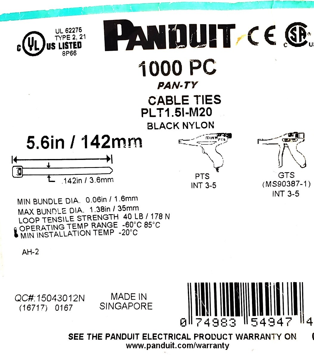 Pan-Ty® PLT1.5I-M20 Cable Tie, Black, PA6.6, 5.6″L, 40lb, PK1000