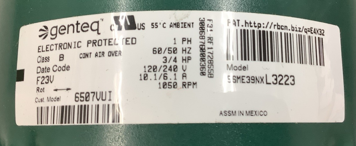 Genteq 5SME39NXL3223 3/4HP 1050RPM 120/240V AC Blower Motor (R109)