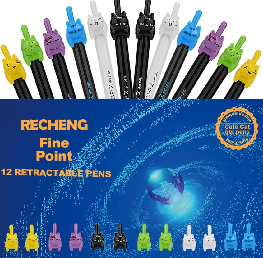 RECHENG retractable cat gel pens,Fine Point 0.5mm black ink,Cute kitty fun ba…