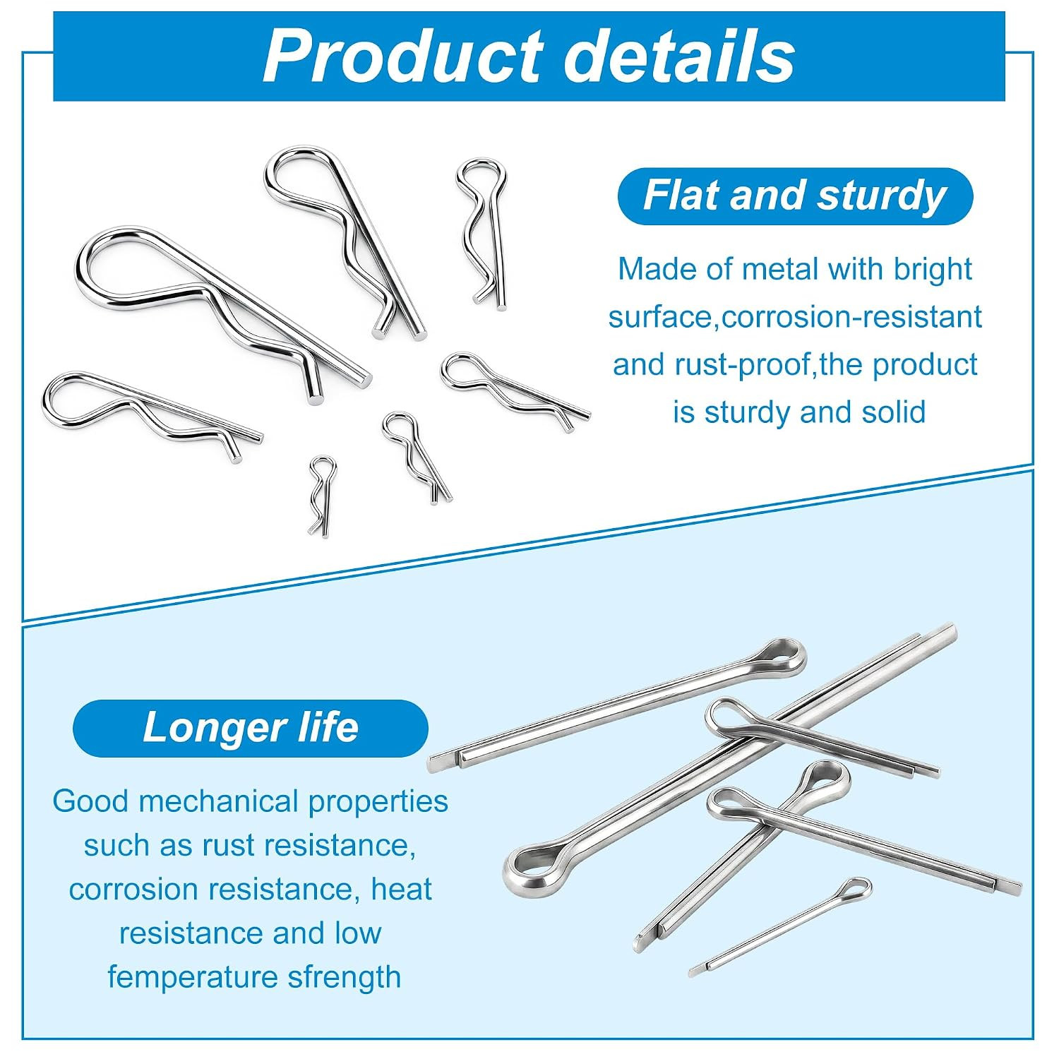 110 PCS Cotter Pin Assortment Kit, 10 Sizes Stainless Steel Cotter Pins & R Clip
