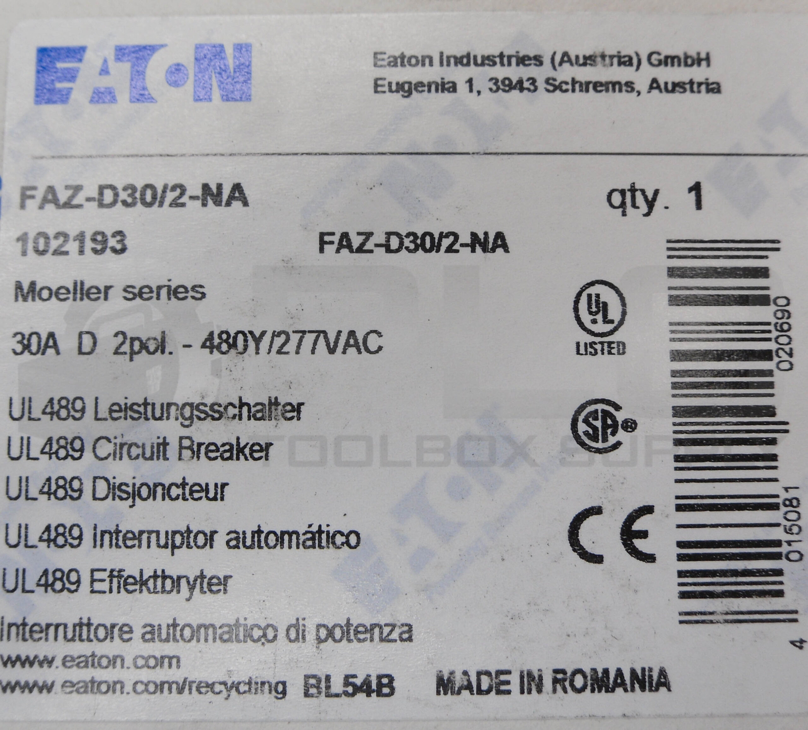 NEW EATON FAZ-D30/2-NA CIRCUIT BREAKER 30A 2 POLE 480V 102193