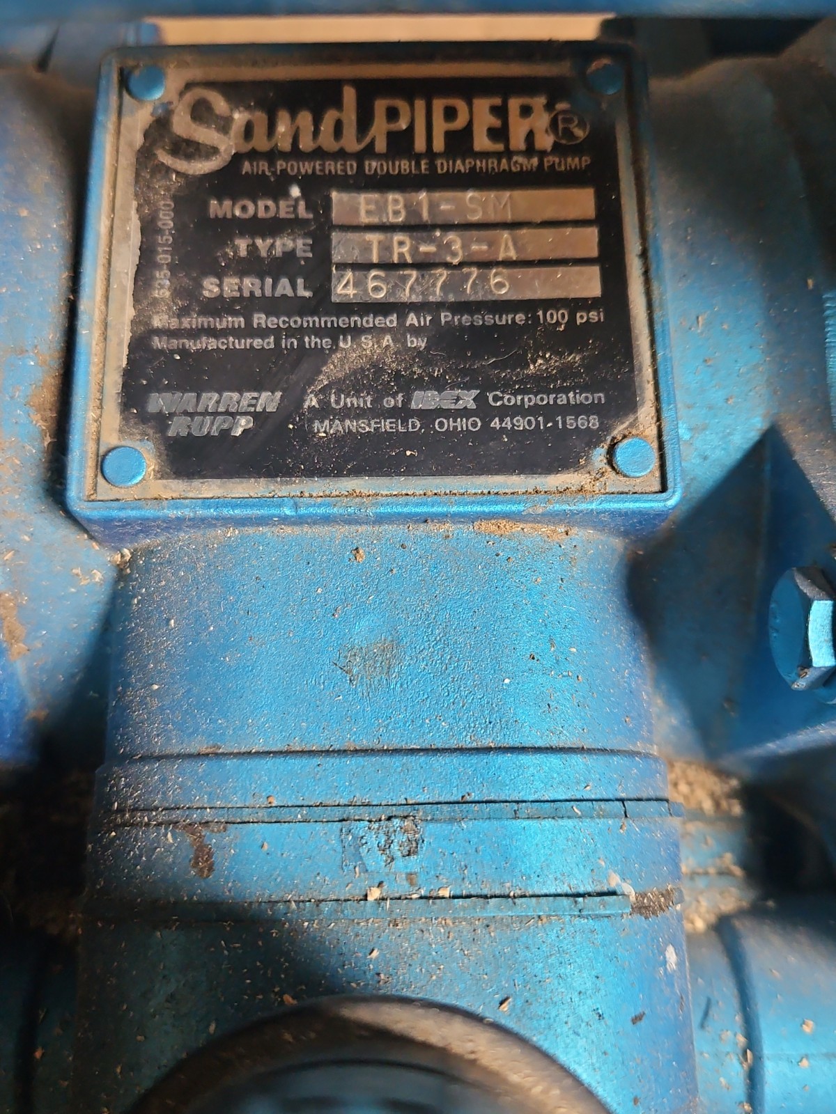 Sandpiper EB1-SM Air Powered Double Diaphragm Pump TR-3-A 1″ AODD Warren Rupp…
