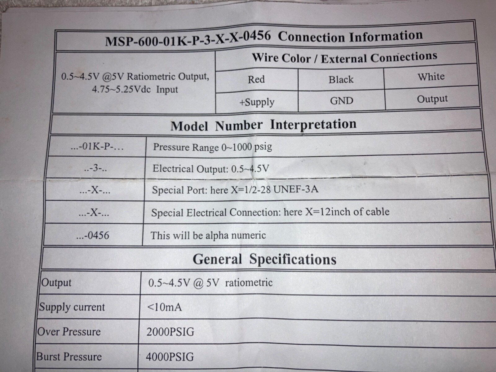 MEASUREMENT SPECIALTIES 0-1000 PSI PRESSURE TRANSDUCER