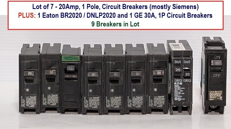 Lot of 9 Single Pole Circuit Breakers, (8) 20A, (1) 30A, Siemens, GE, Eaton