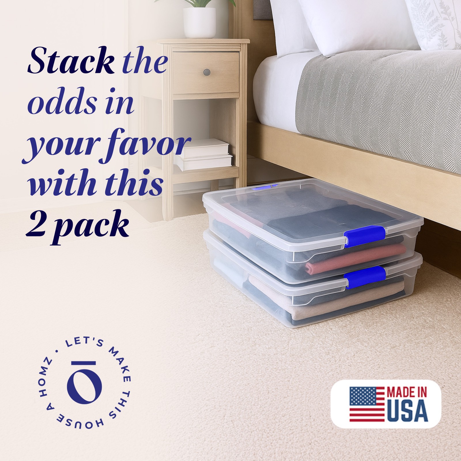 HOMZ 56-Quart Underbed Storage Container with Lid and Wheels, 2 Pack
