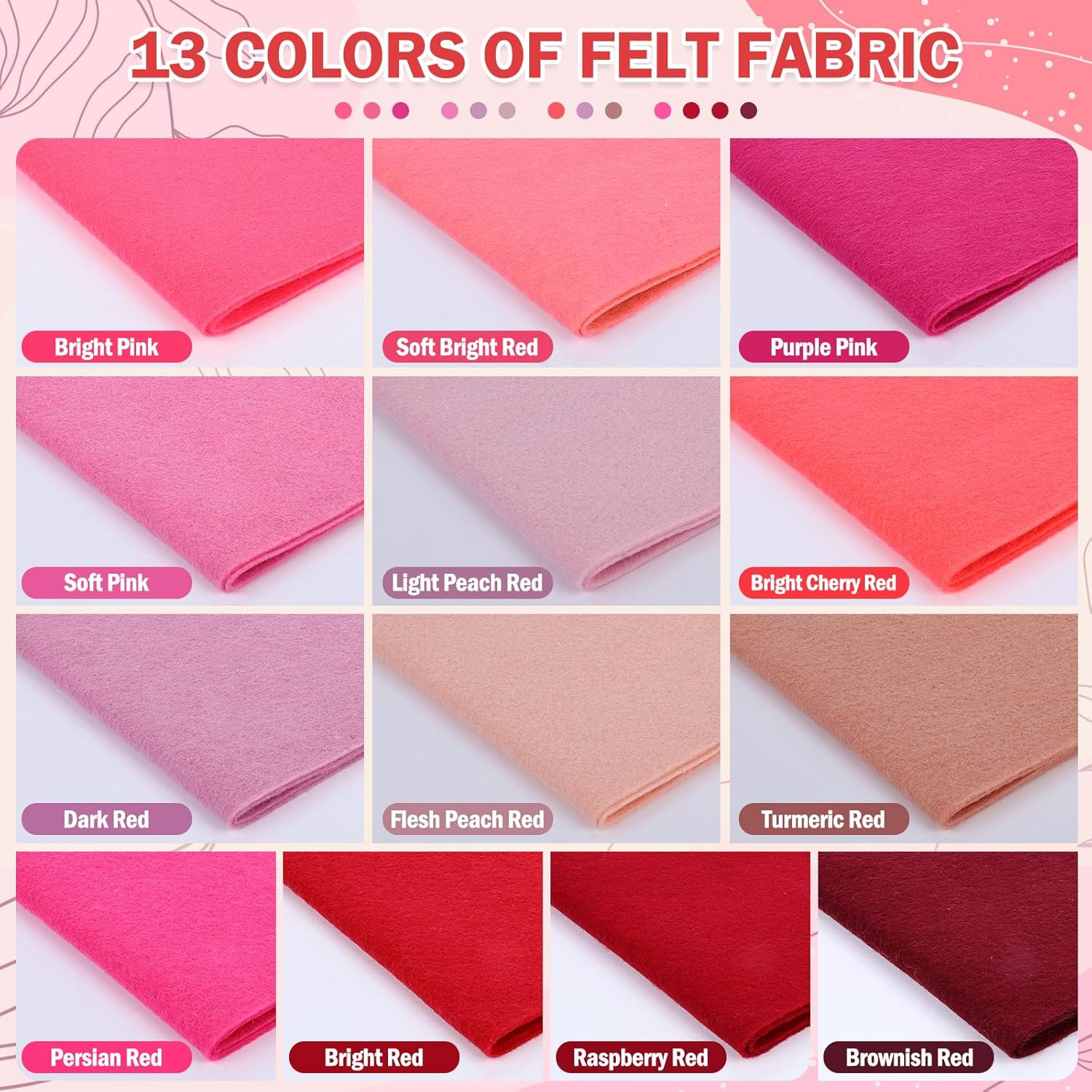 13 Rolls 8″X35″ 1.4Mm Thick Soft Felt Fabric Sheet 13 Assorted Red Series Colors