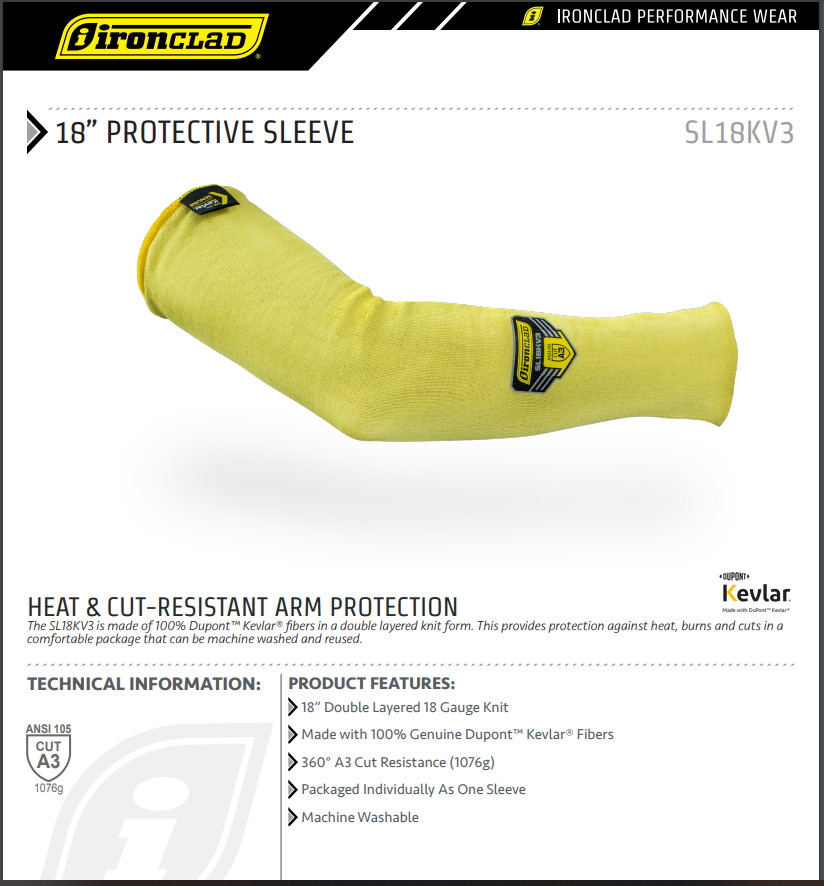 IronClad 18″ Protective Sleeve Heat Cut-Resistant Arm Kevlar Protection SL18KV3