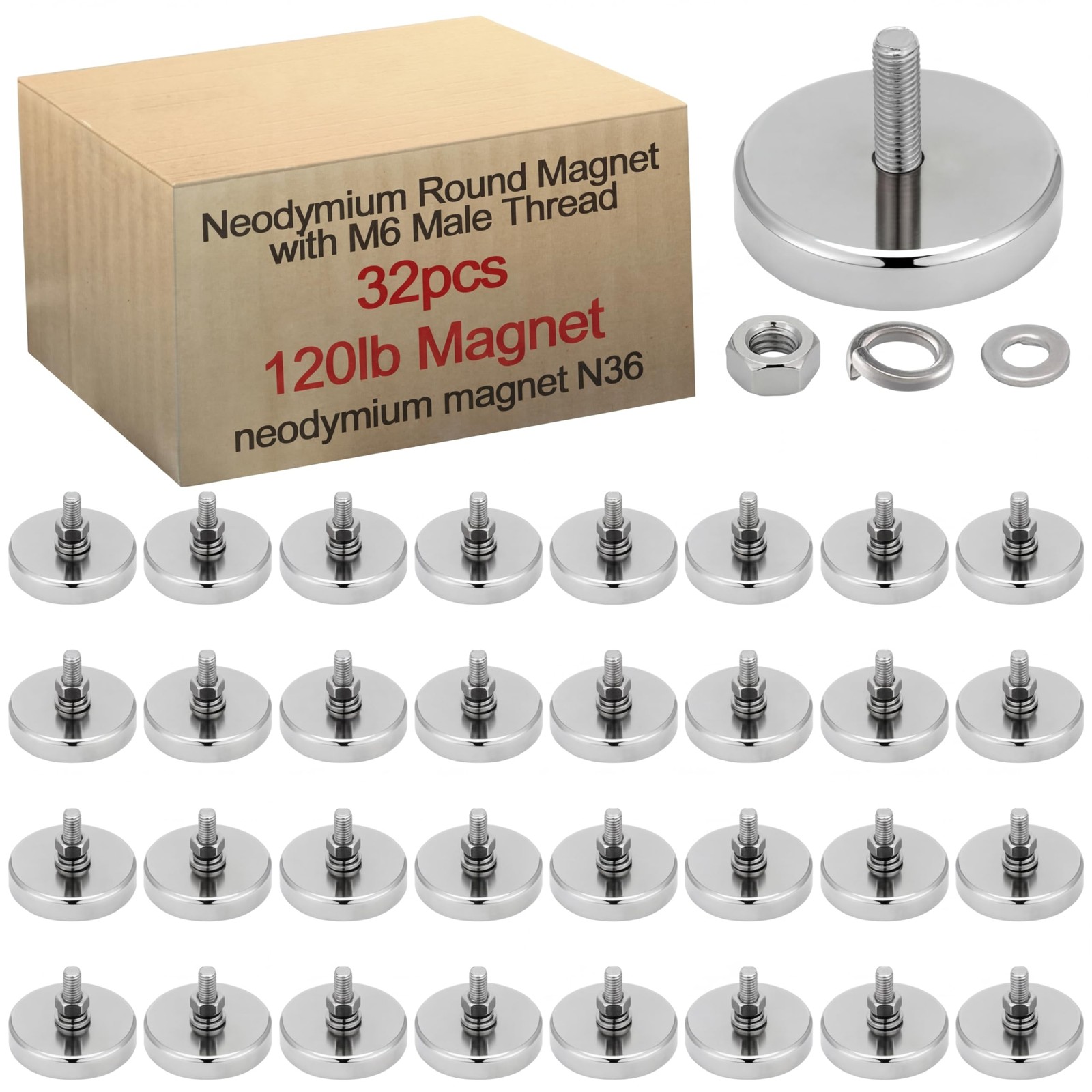 32 Pieces Heavy Duty Neodymium Round Mounting Magnet with Bolt 1.42in120lbM6 …