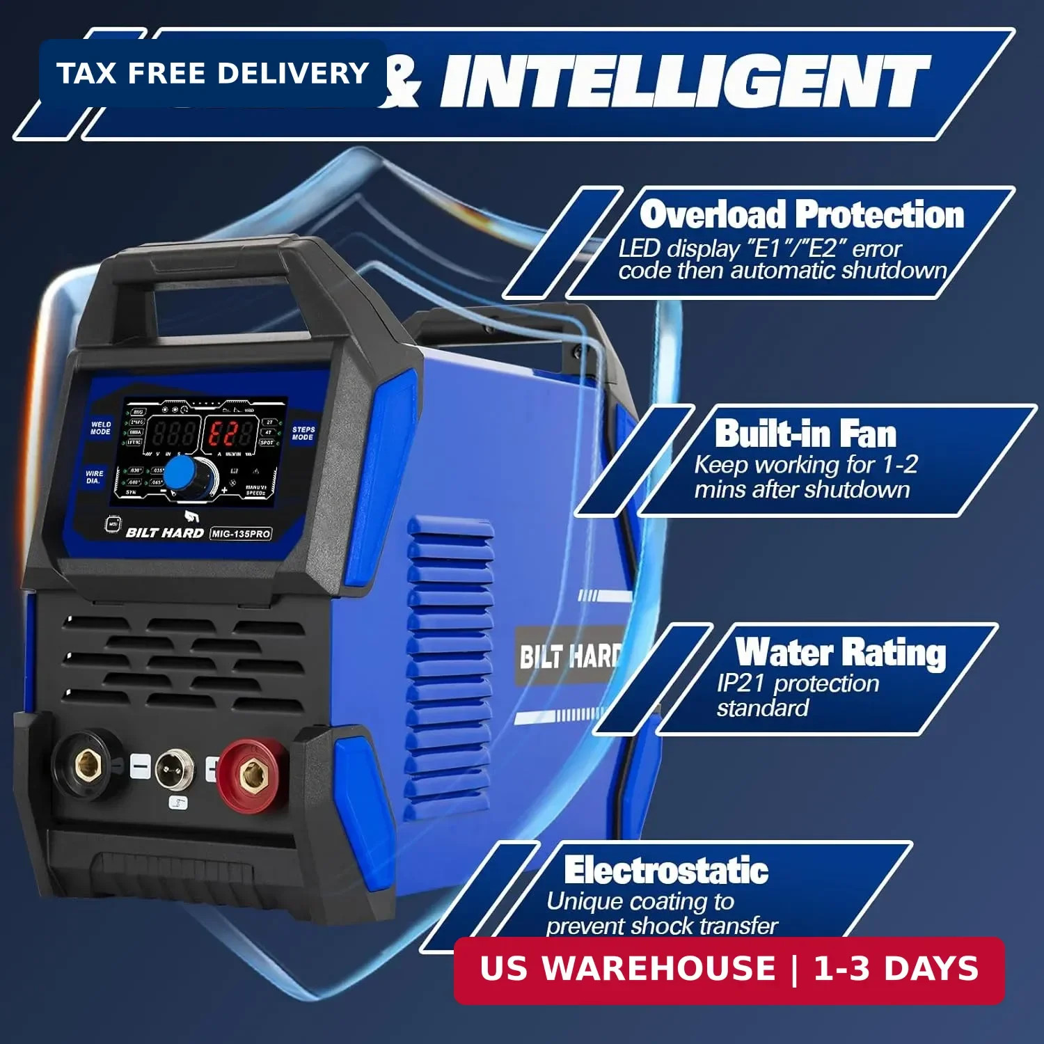 BILT HARD 135A IGBT Inverter Welder, 110V Flux Core MIG/Lift TIG/Stick 3-in-1 We