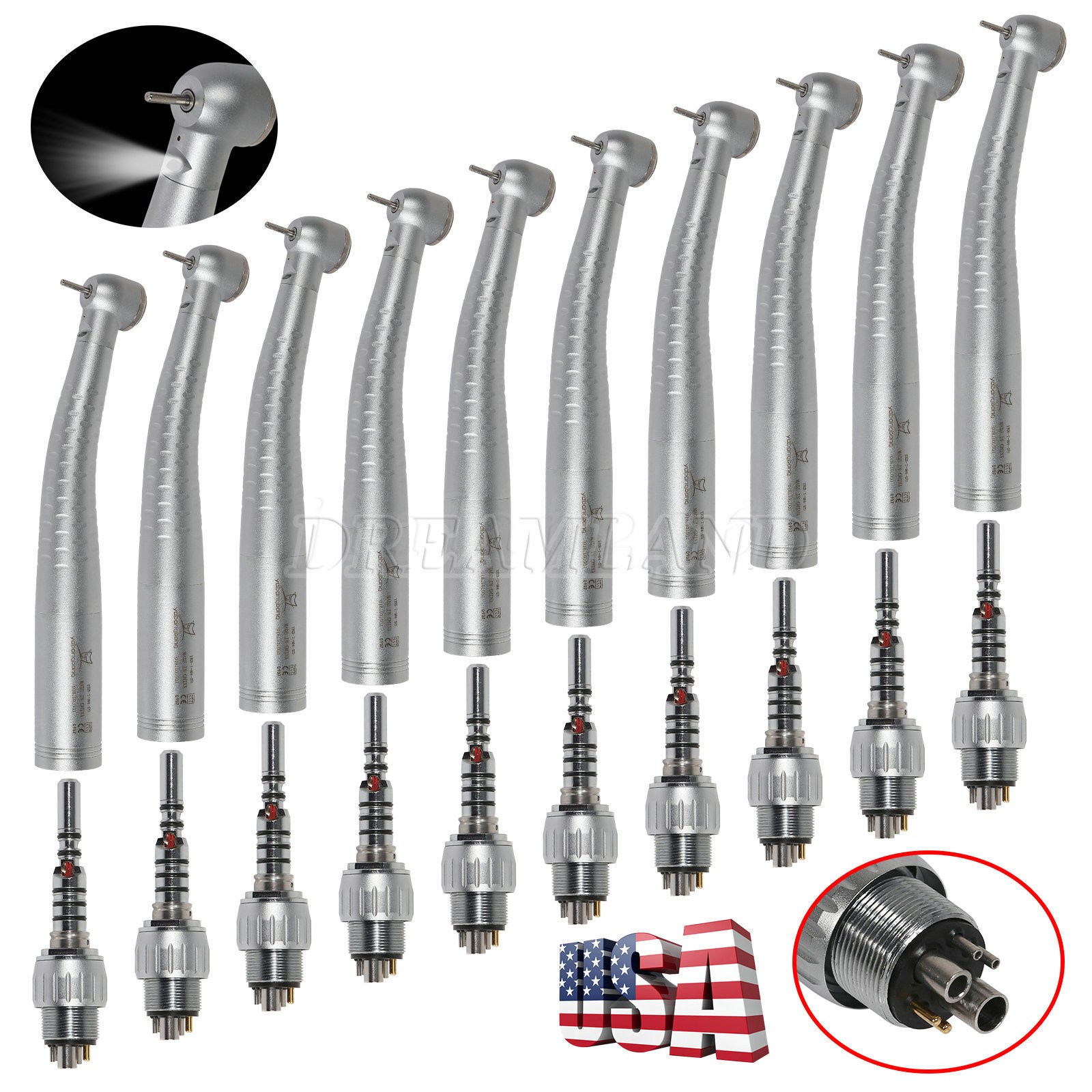 1-10 Yabangbang Dental Fiber Optic High Speed Handpiece 6Hole LED Coupler HOT