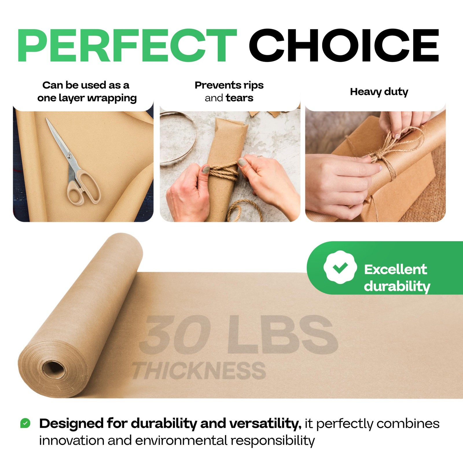 Brown Kraft Paper Roll 18″ x 2160″ (180 feet) – USA-Made Brown Wrapping Paper…