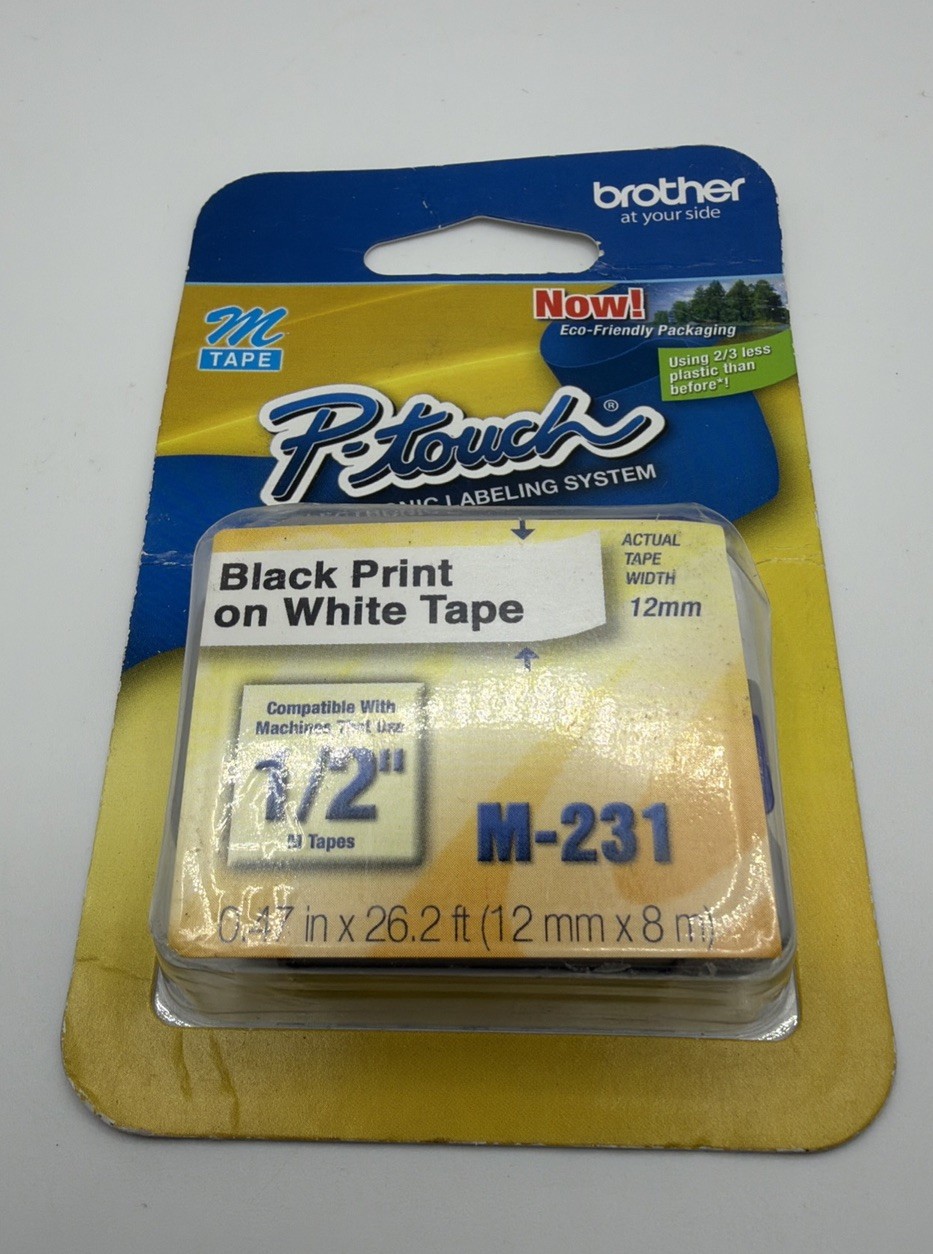 Brother P-Touch M-Tape M-231 1/2″ BLACK on WHITE .47 In × 26.2 Ft (12 mm × 8 m)