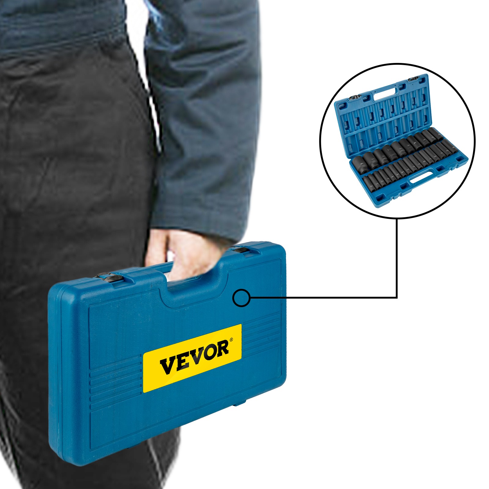 VEVOR 26-Pc 1/2 in Deep Impact Socket Set SAE 6-Point CR-V Case