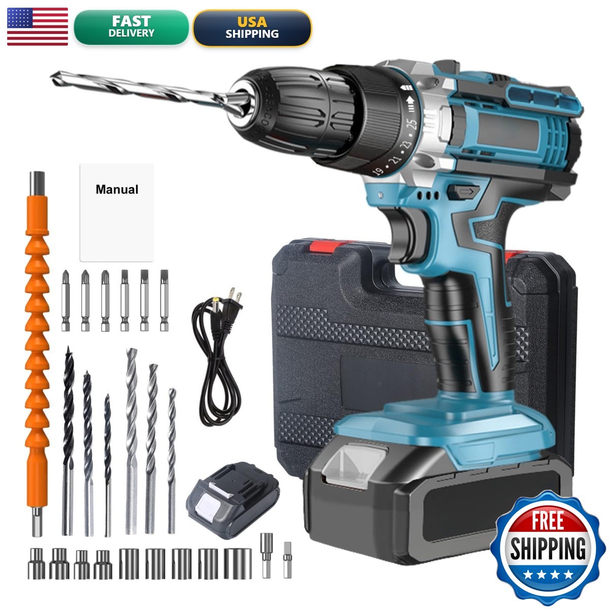21V Cordless Drill Kit 30-Pcs with Drawer for Home and Auto Repair – Blue