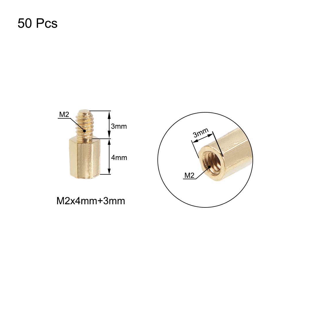 M2 x 4 mm + 3 mm Male to Female Hex Brass Spacer Standoff 50pc