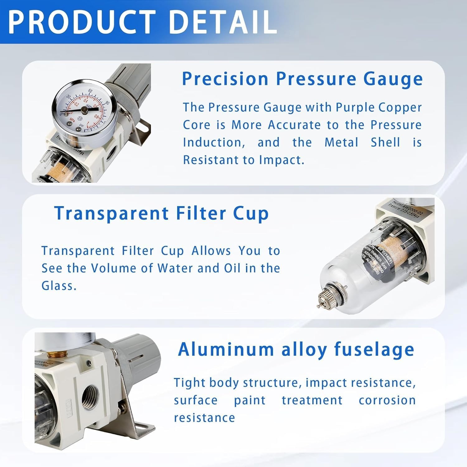1/4″ NPT Compressed Air Filter Regulator Combo 5 µm,Semi-Auto Drain,0-150 PSI