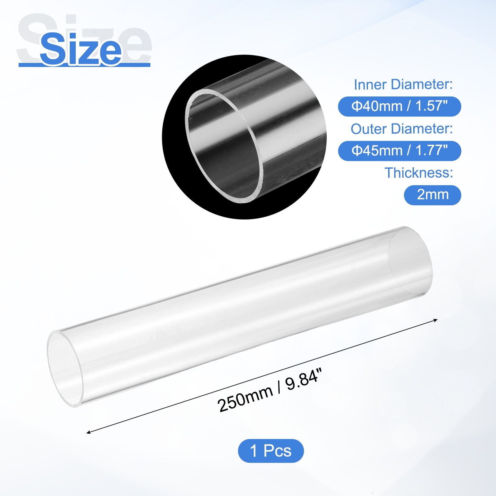 Clear Rigid Acrylic Pipe 40mm ID x 45mm OD 10″ Round Clear Plastic Tube