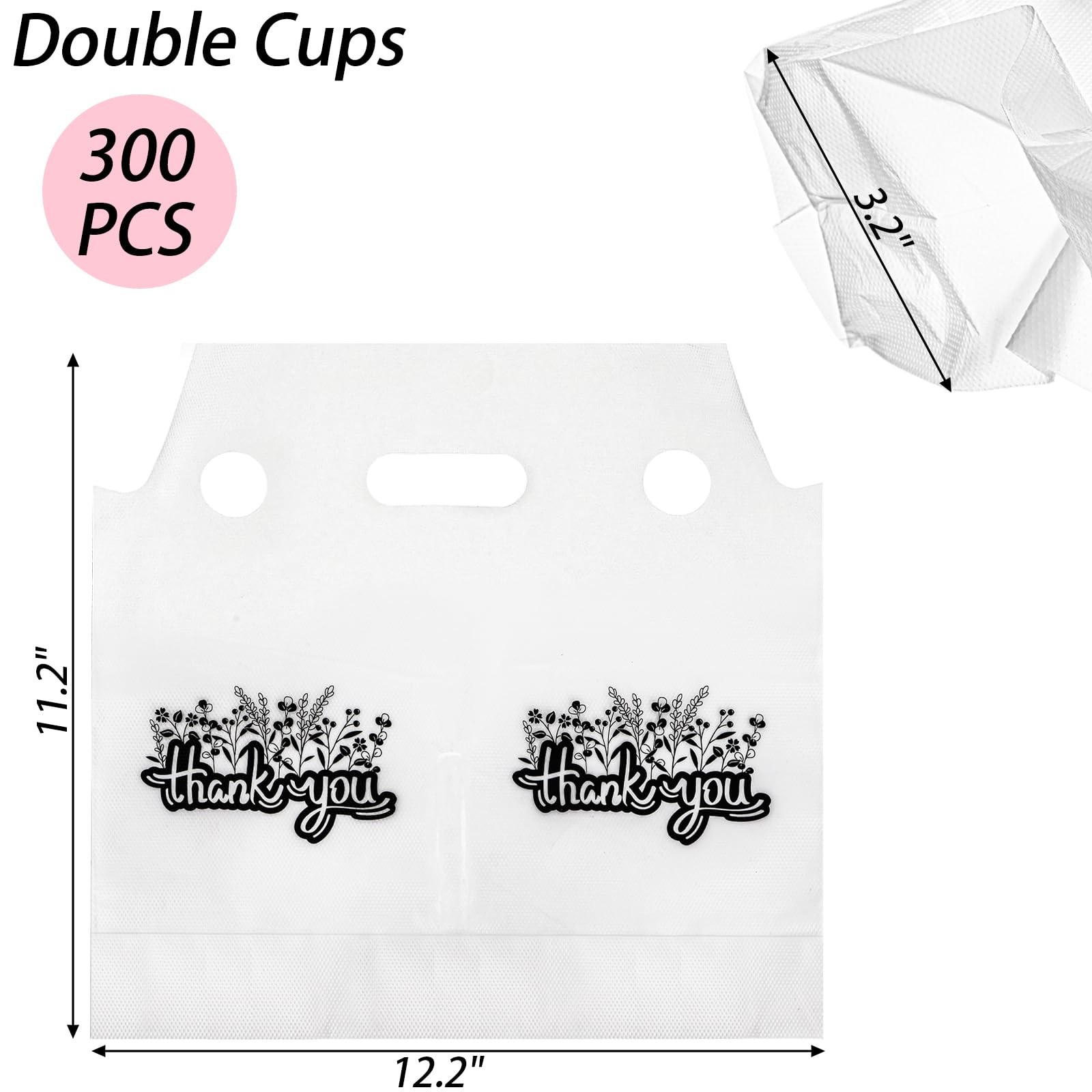 300 PCS Handle Drinking Poly Bags Plastic Packaging 12.2×11.2 In 2 Cups