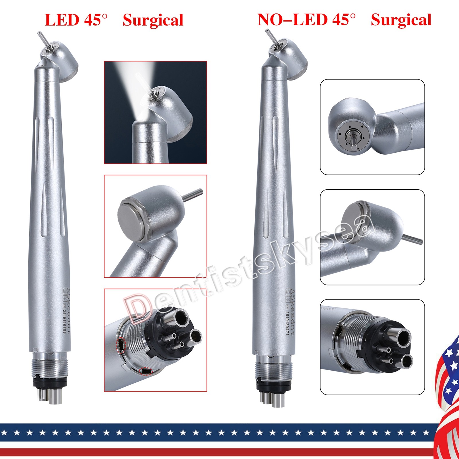 ASKEADNT Dental 45° Degree High Speed Handpiece 4Holes NO LED Turbine