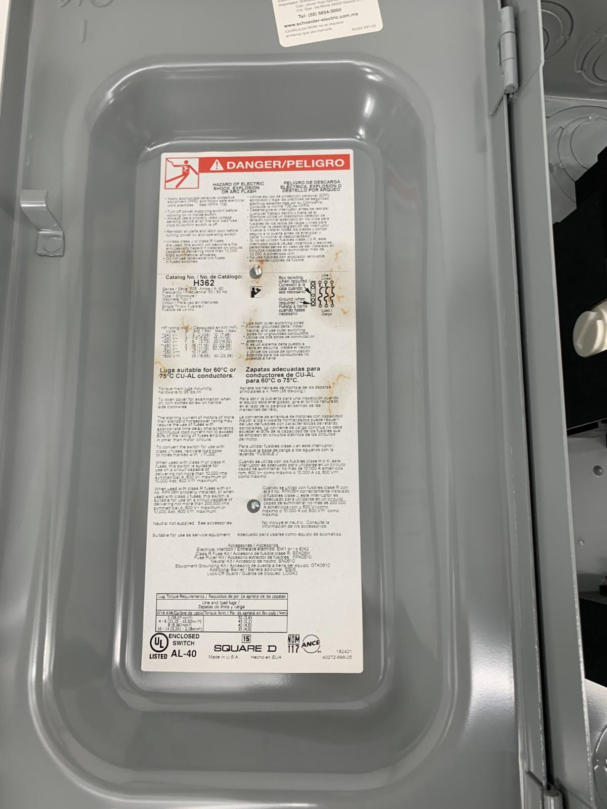 Square D H362 60A 600VAC 3P Heavy Duty Fusible Safety Switch Indoor NEMA 1
