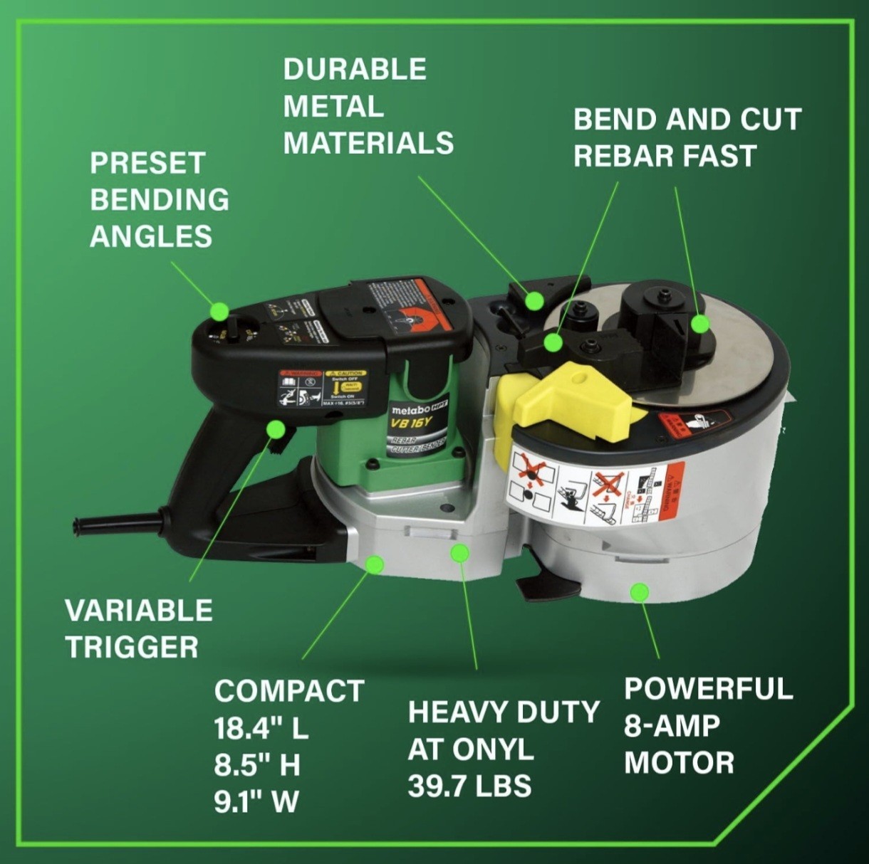 Metabo HPT Portable Rebar Bender and Cutter, 8-Amp Motor, Grade 60 rebar VB16Y