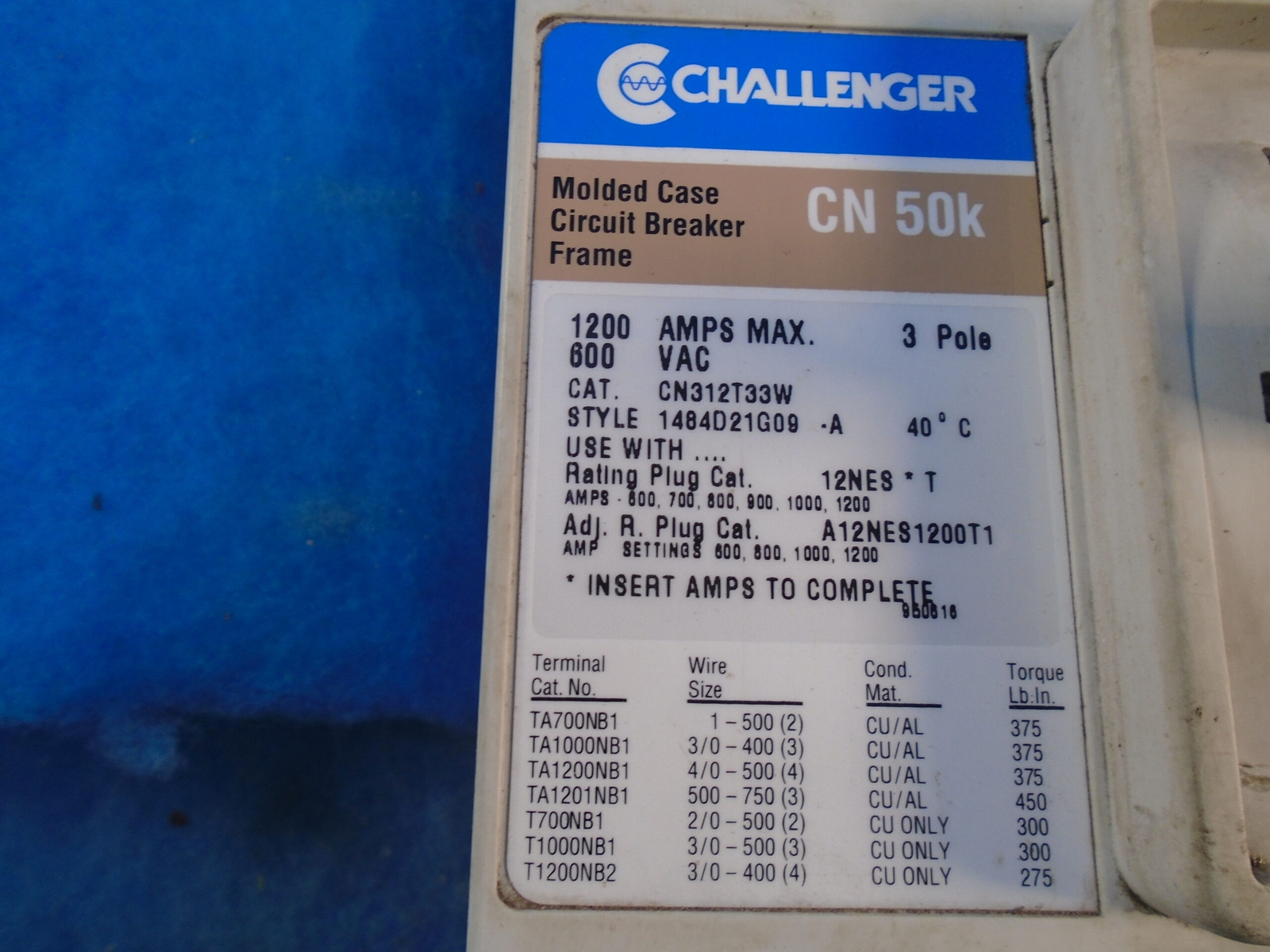 NOS Cutler-Hammer CHALLENGER Circuit Breaker 1200A 600V CN312T33W TRIP UNIT 12NE