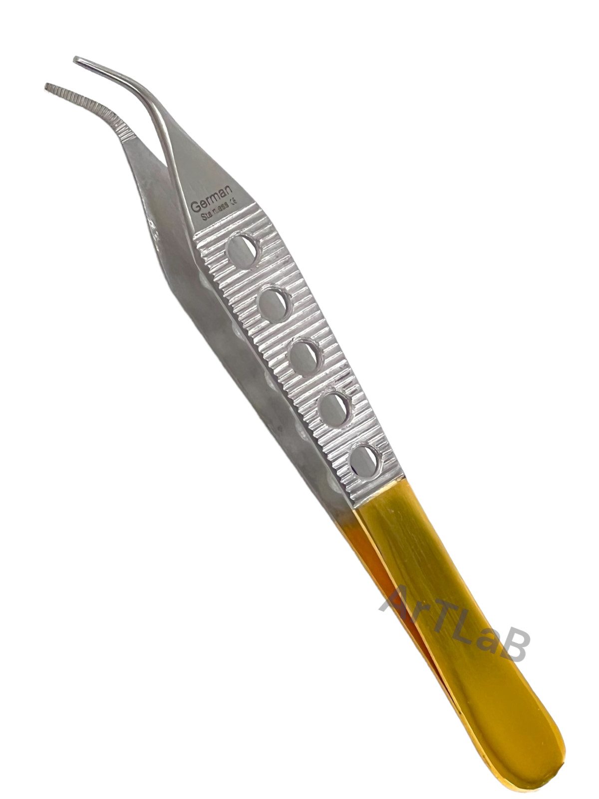 1 Ea | Adson Dressing Forceps 12cm Serrated Curved Tips, w/ Handle Holes – Gold