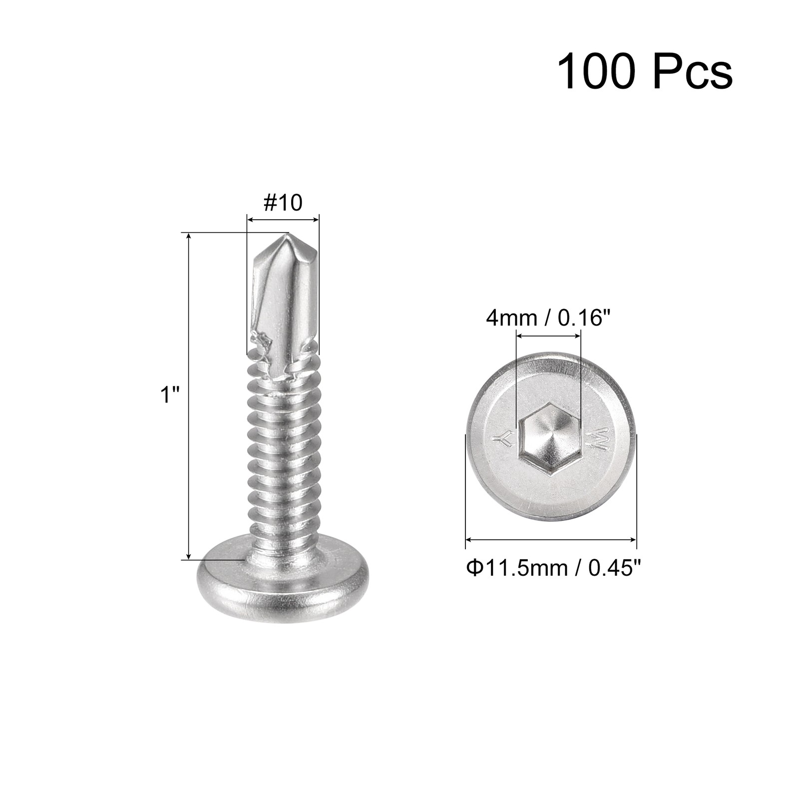 100pcs Hex Socket Self Tapping Screws #10 x 1″ 410 Stainless Steel Sheet Silver