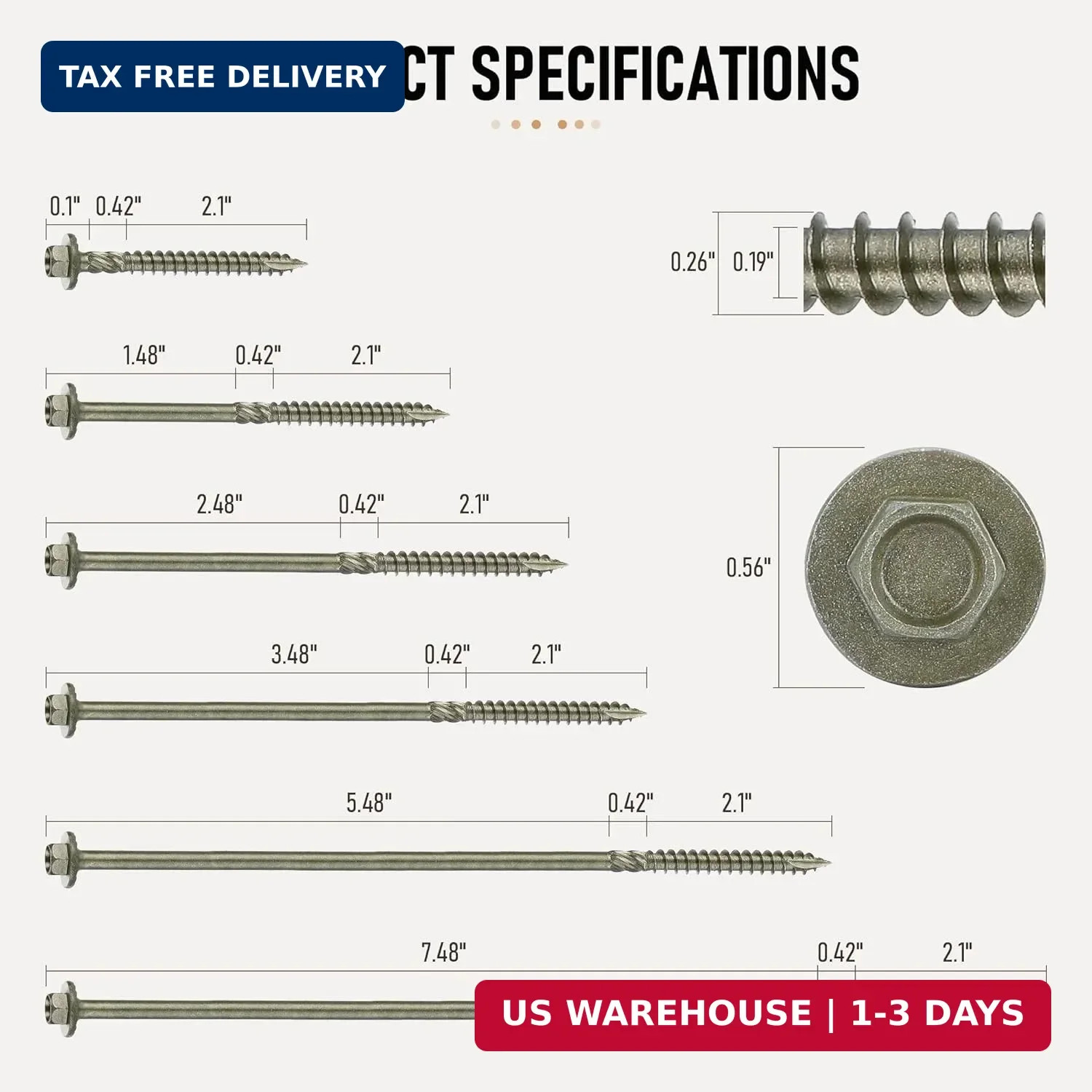 Hex Head Heavy Duty Wood Screws #14 x 6, Structural Lag Screws for Log, Timber,