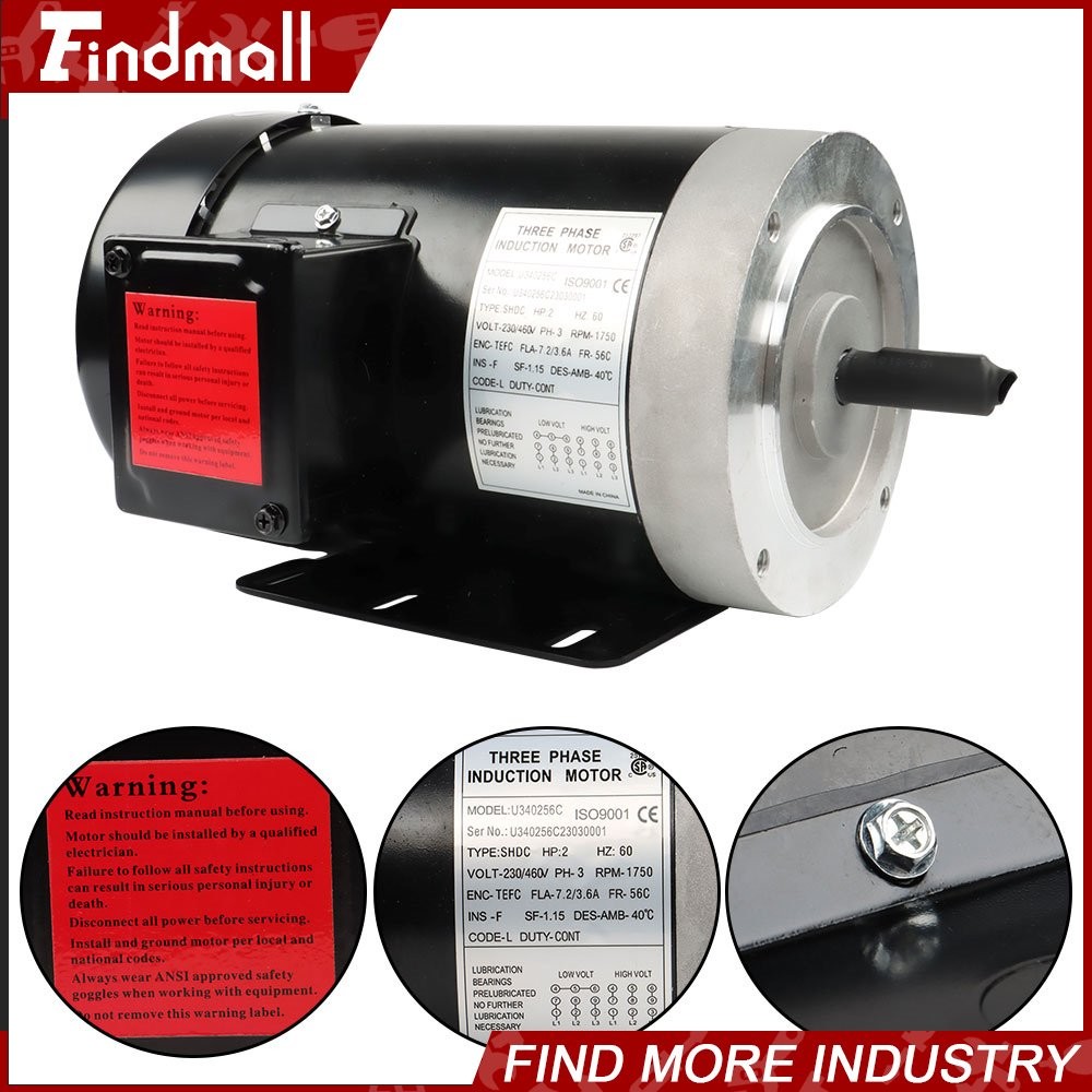 2 HP General Electric Motor 3 Phase 56C Frame 1800 RPM TEFC 230 / 460 Volt New
