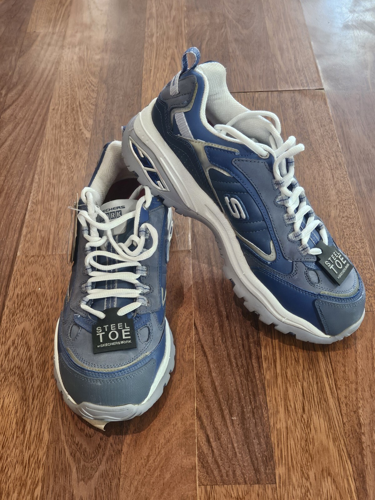 NEW Skechers WOMEN Blue Silver Leather Work Construction Safety Toe Shoes Sz 9.5