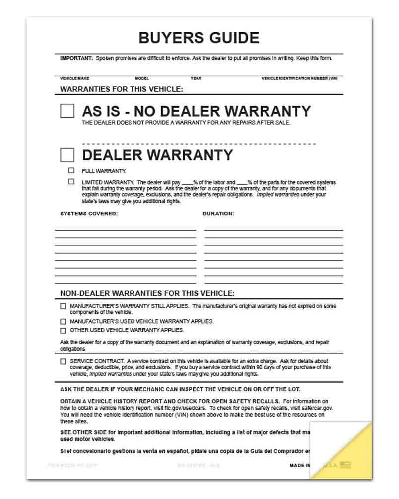 2-Part Buyers Guide Form File Copy – No Tape – As Is – Warranty (100 Per Pack)