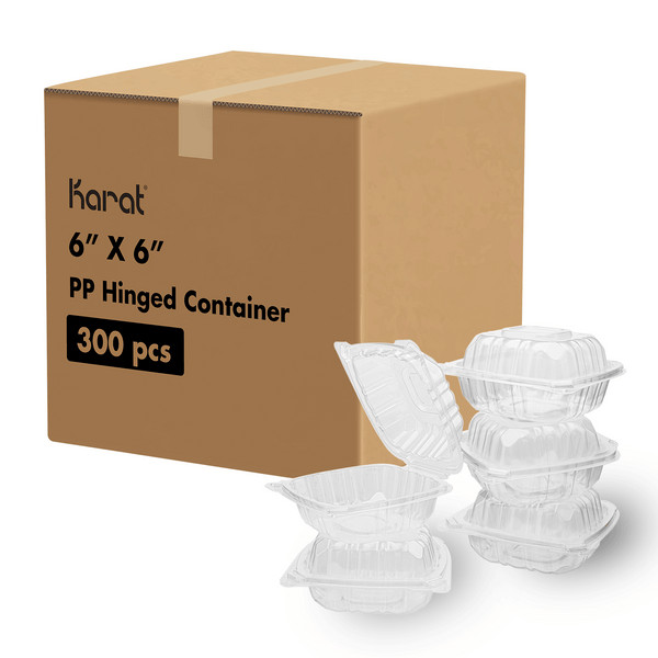 Karat 6” x 6″ PP Plastic Hinged Container, Clear – 300 pcs