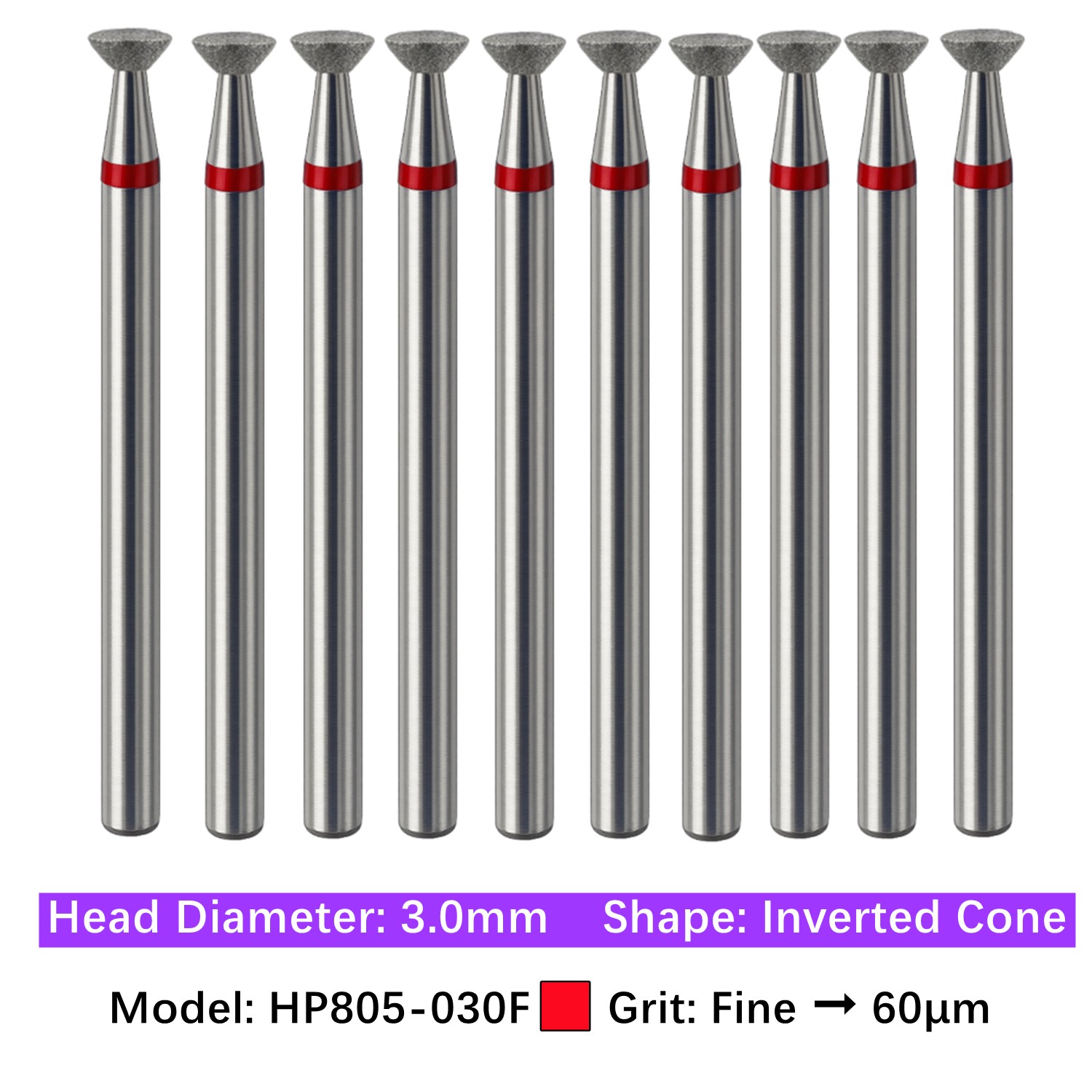 10/pk Dental HP Diamond Lab Burs Inverted Cone HP805-030F Fine Grit Drill Bits