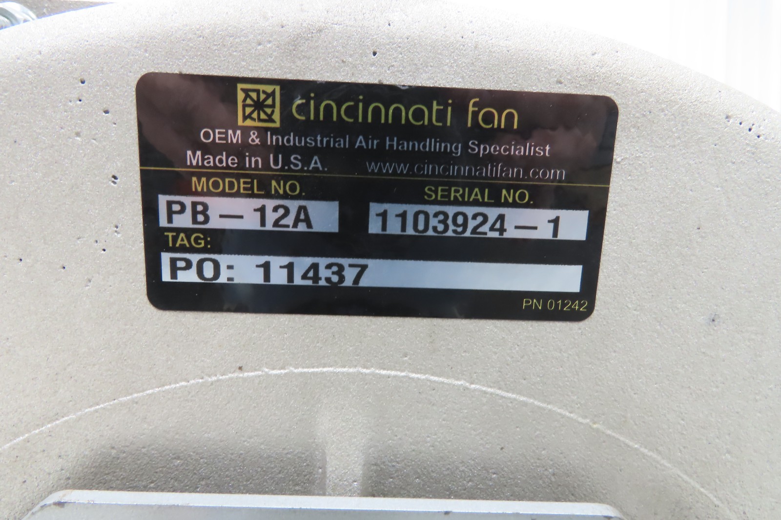 Cincinnati Fan PB-12A Centrifugal Pressure Blower 800cfm 2″SP 230/460v 3Ph 1Hp