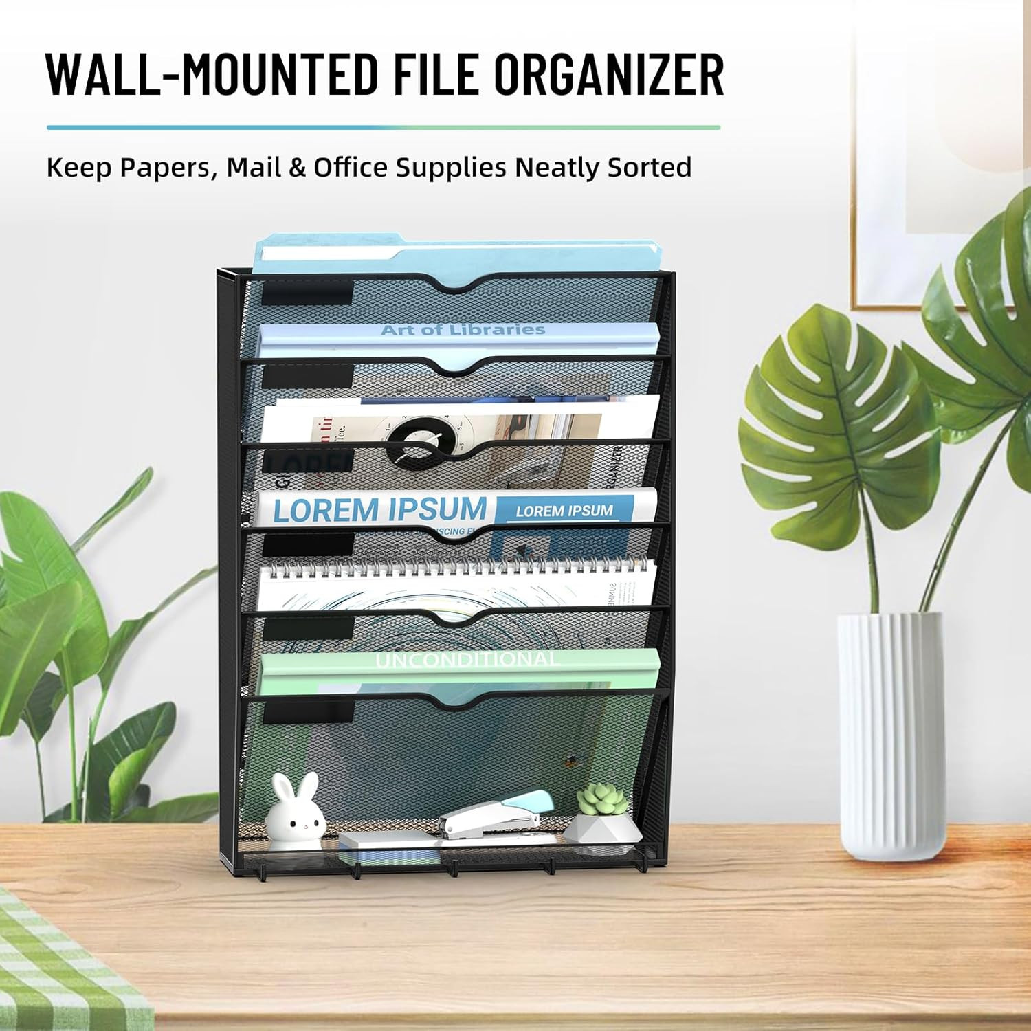 Wall File Organizer, 7 Tier Hanging File Organizer with 5 Hooks, Wall Mounted Ma