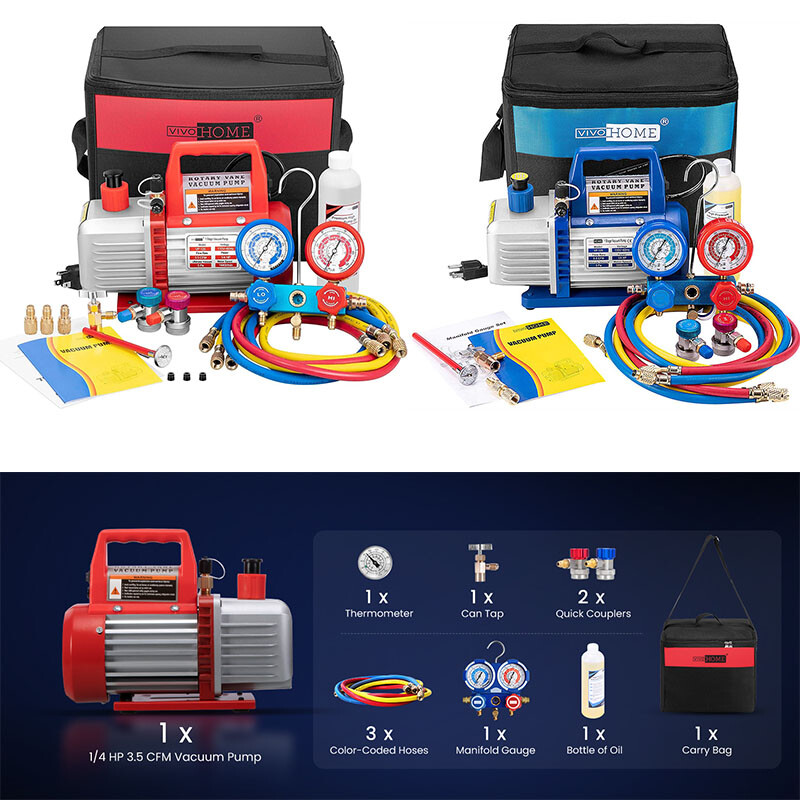 Combo 3.5cfm 1/4hp Air HVAC Vacuum Pump Kit & A/C Manifold Gauge Set with Case
