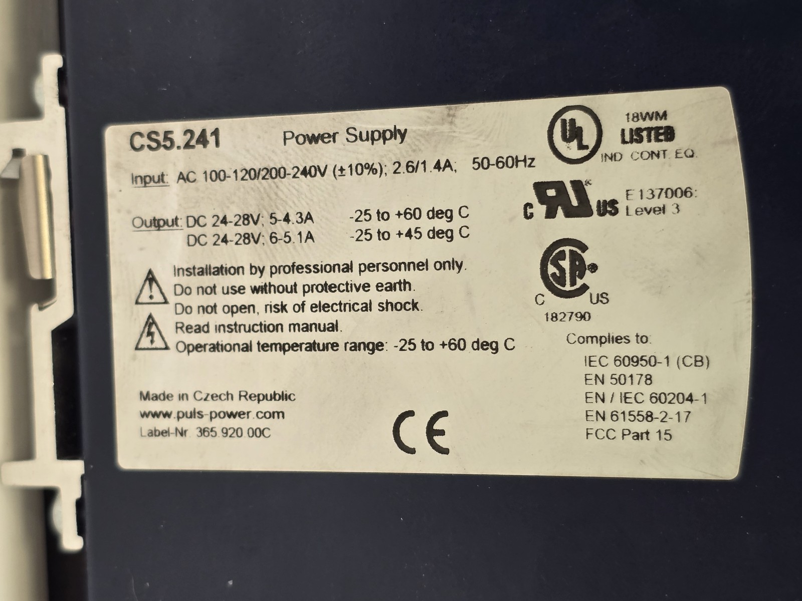 PULS Dimension CS5 Power Supply Adjustable 24-28 Volt 5A CS5.241 Din Rail