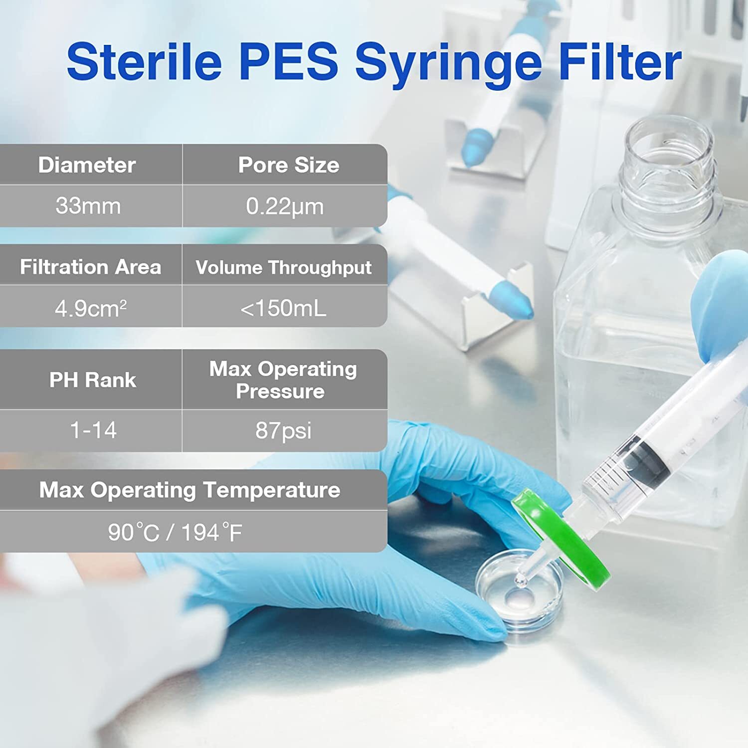 50Pcs PES Membrane Syringe Filter Sterile Lab Hydrophilic 33mm 0.22µm Individual