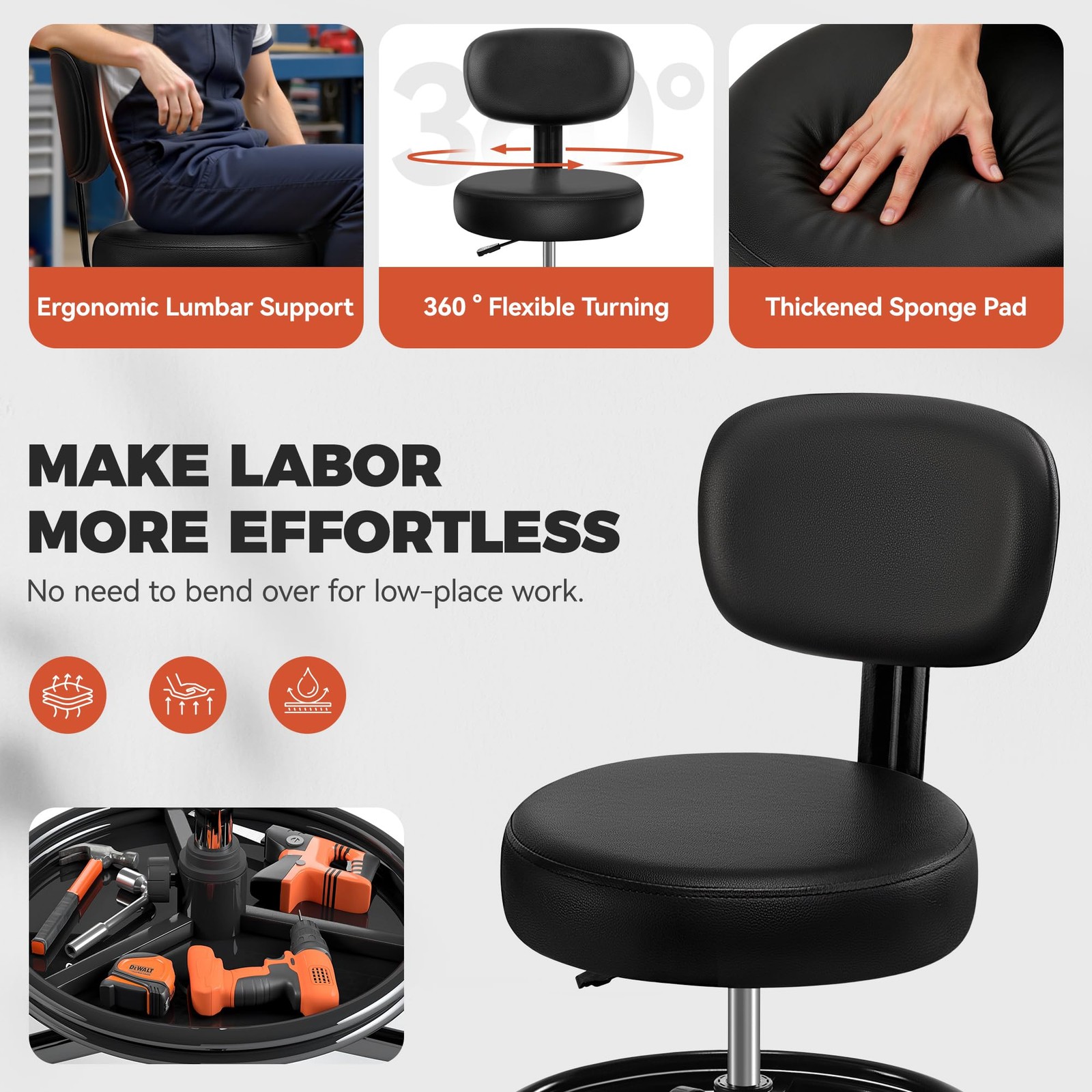 Shop Stool with Wheels for Garage, Mechanics Rolling Chair with Backrest, Adjust