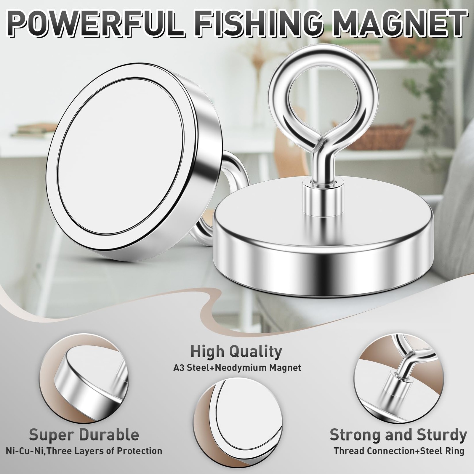 FINDMAG 2.95’’ Fishing Magnets, 750 LBS Pulling Force Neodymium Rare Earth