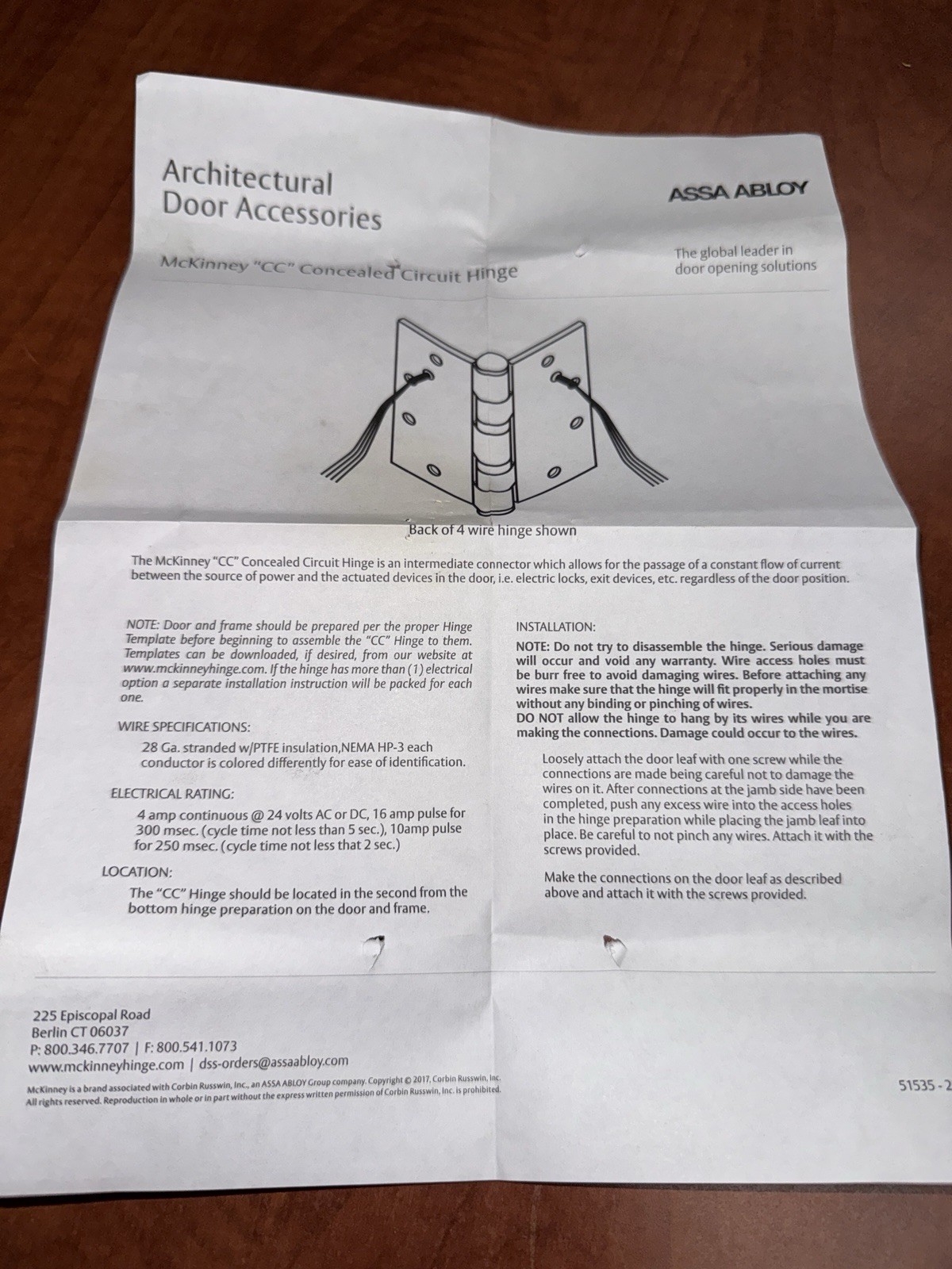 ASSA ABLOY/Securitron EH-40, Electrified 5 Wire Hinge, US26D