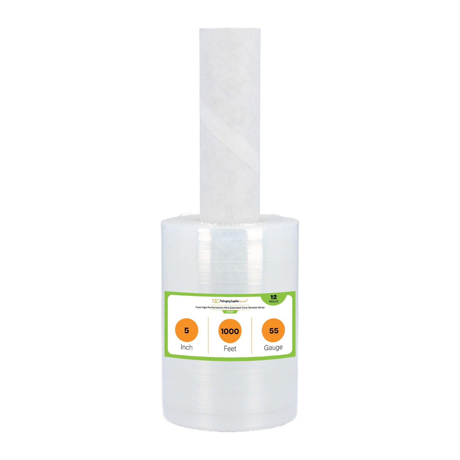 12 Rolls 5″ x 1000′ (55 Gauge) Down Gauge Extended Core Stretch Wrap Clear Film
