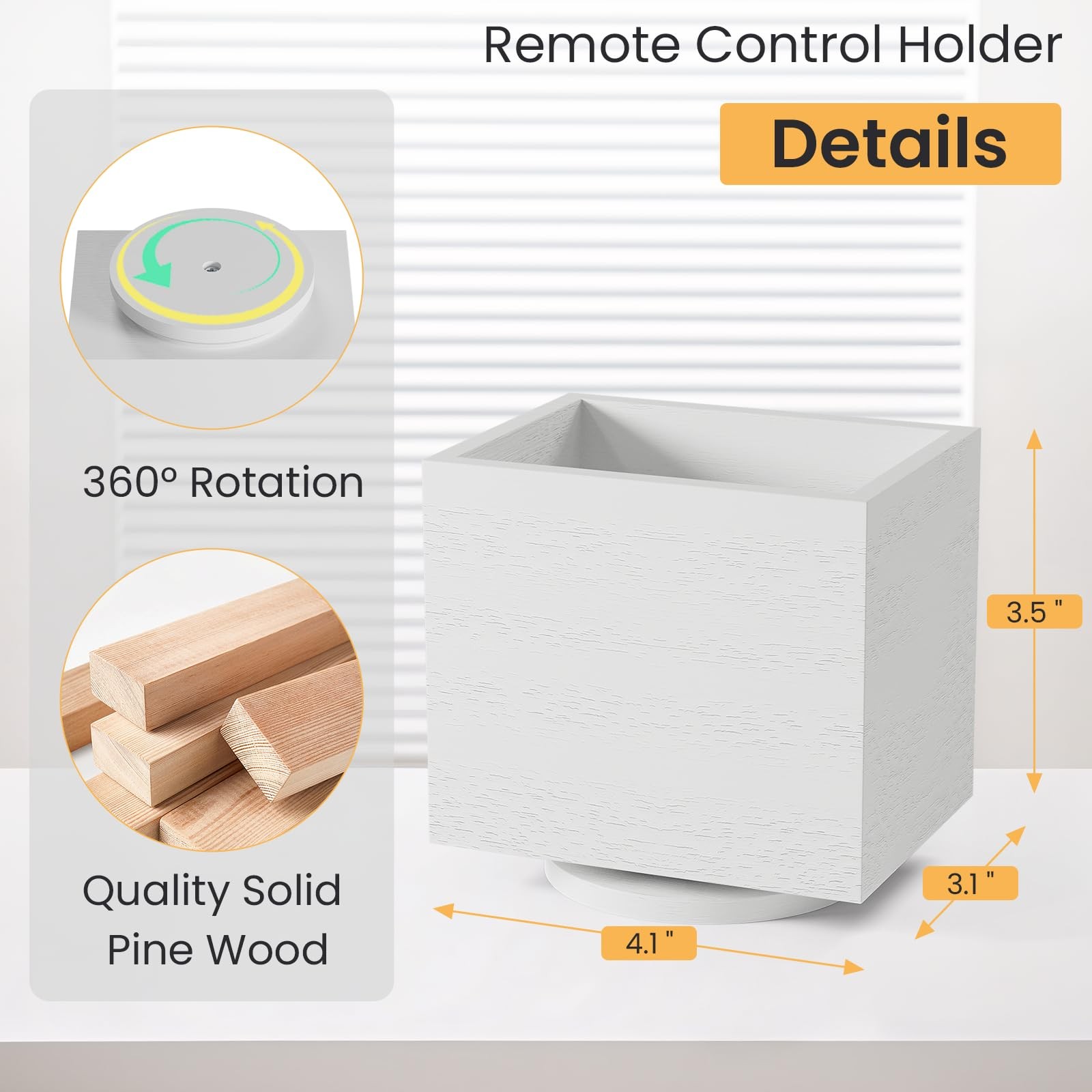 360 Rotating Wooden TV Remote Control Holder Desktop Caddy Organizer White