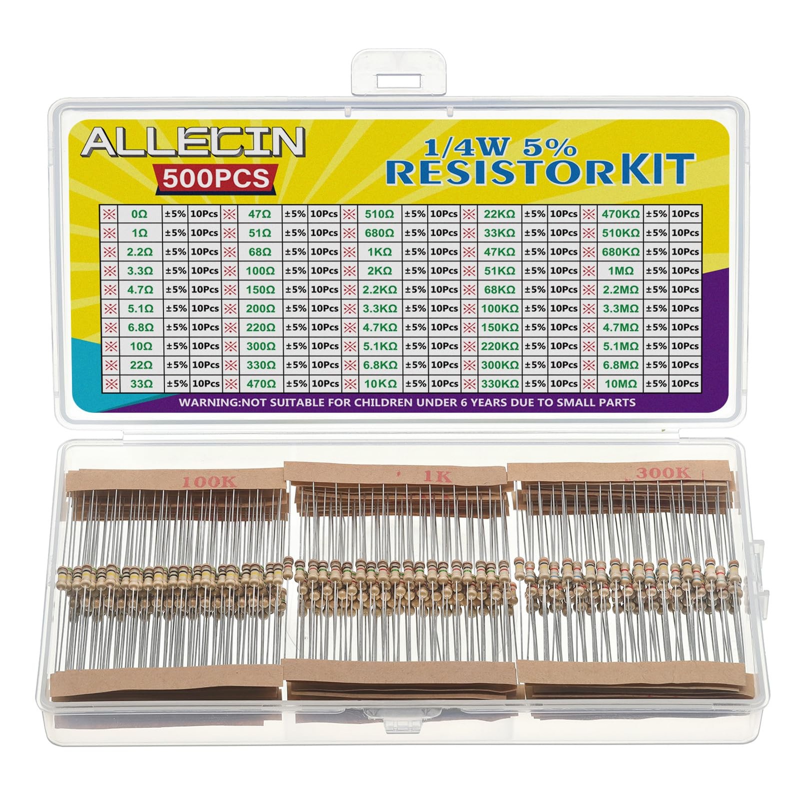 ALLECIN 50 Values 1/4W 0 Ohm to 10M ±5% Carbon Film Resistor Assorted…