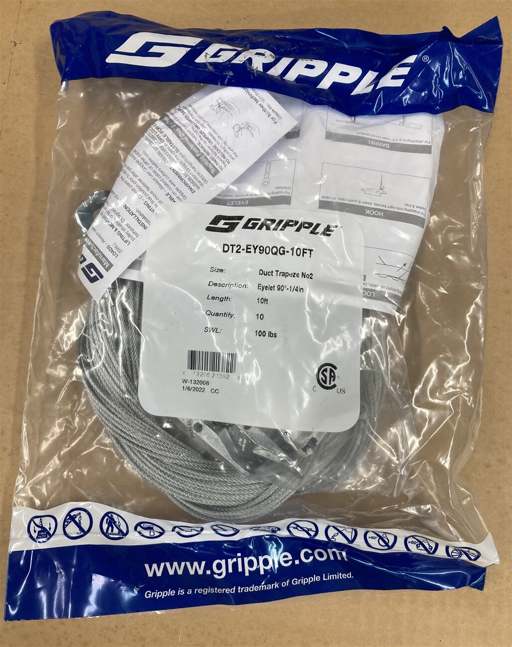 Gripple DT2-EY90QG-10FT No.2 x 10ft 90-deg Eyelet Duct Trapeze Hanger (10-pack)