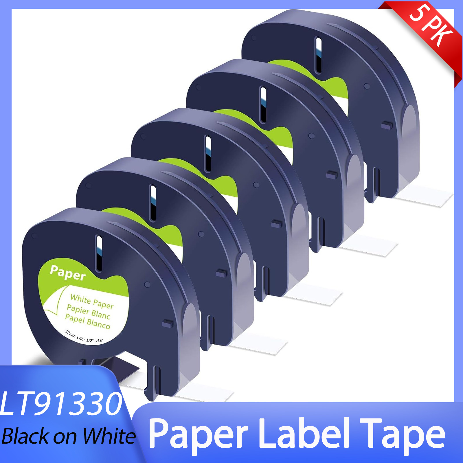 12mm 1/2″ X 4m 13 ft Black on White 91330 Label Tape For DYMO LetraTag LT-100T